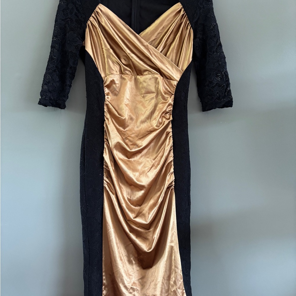 Miusol Women's Small Black Gold Dress Lace 3/4 Sleeve Ruched Cocktail Party